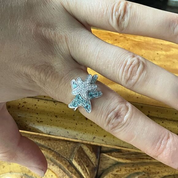 Natural Blue Apatite Moissanite Sterling Silver Starfish Ring Size 8 - Picture 3 of 8